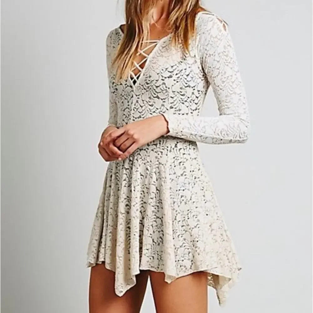Free People Small Sheer Cream Lace Up Tunic Mini Dress
